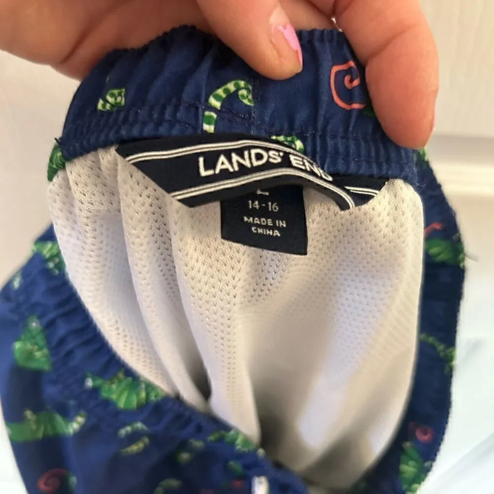 Lands End Swim boys 14-16 swim trunks blue with iguanas EUC with netting liner